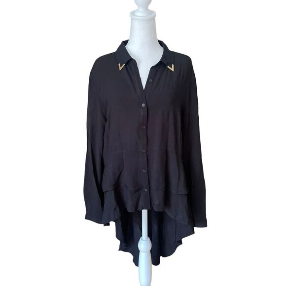 Wrangler Black Rodeo Blouse Western Collar Tips High Low Tiered Womens Large - Picture 1 of 8